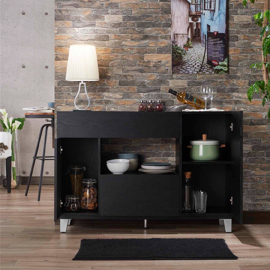 Due cassetti, spazio di archiviazione laminato, piedini in metallo, mobiletto alto, nero, Space Sense